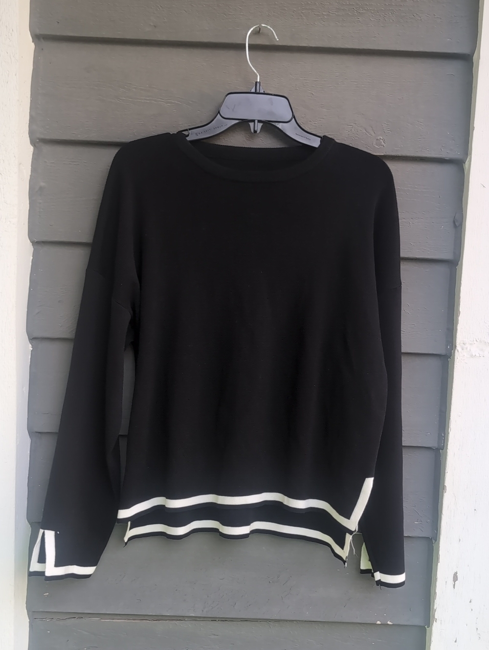 Black Crewneck Sweater with White Stripe Hem Size Large